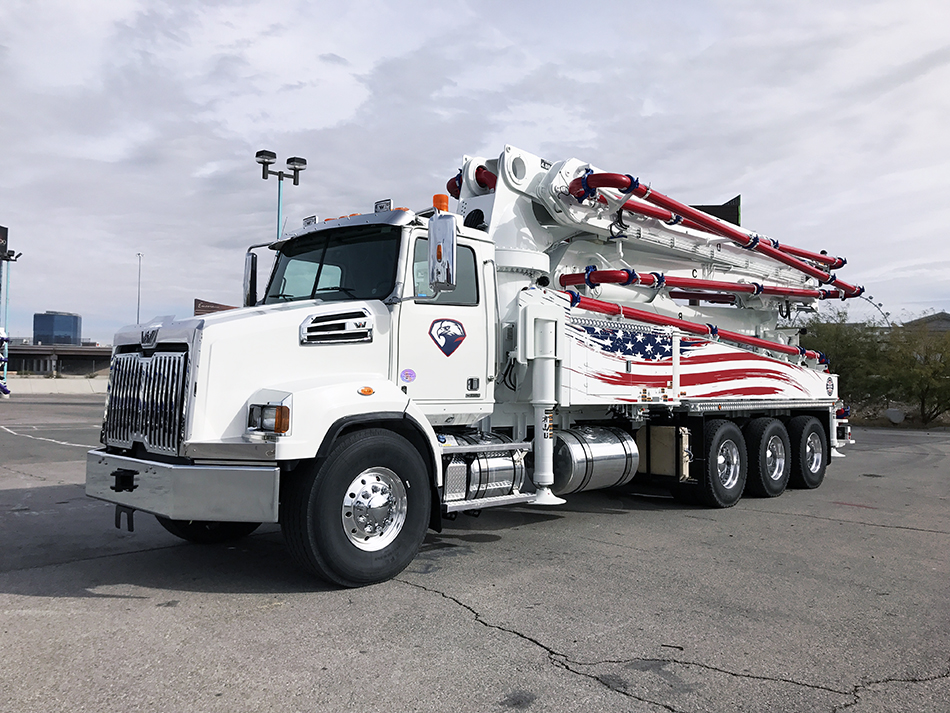 DY Concrete Pumps 43 meter 5 section boom pump with American flag design