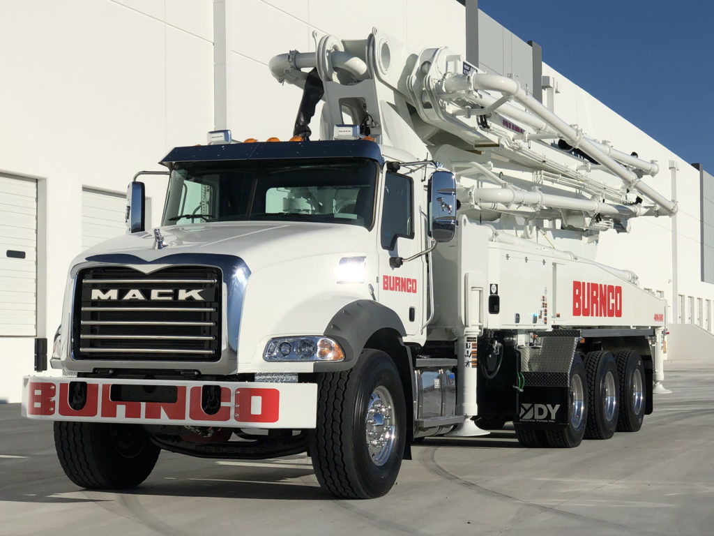 front view of 48 meter 5 section RZ-fold boom pump manufactured for Burnco