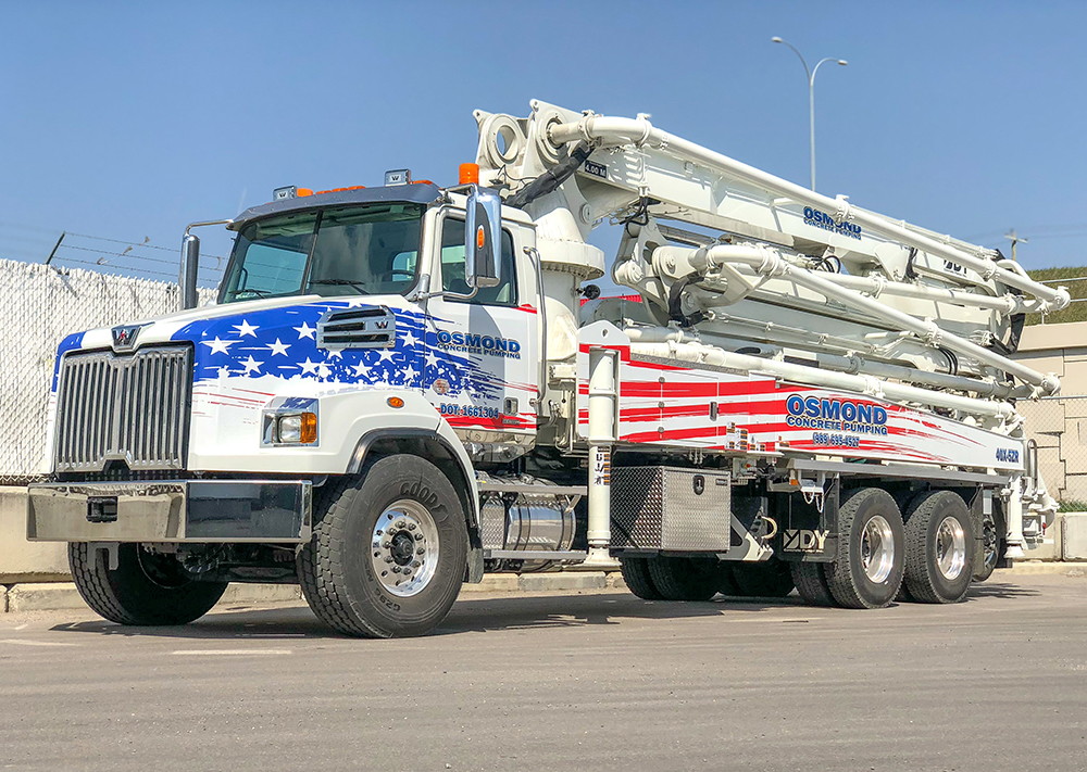40X-5ZR concrete boom pump manufactured by DY Concrete Pumps for Osmond Concrete Pumping