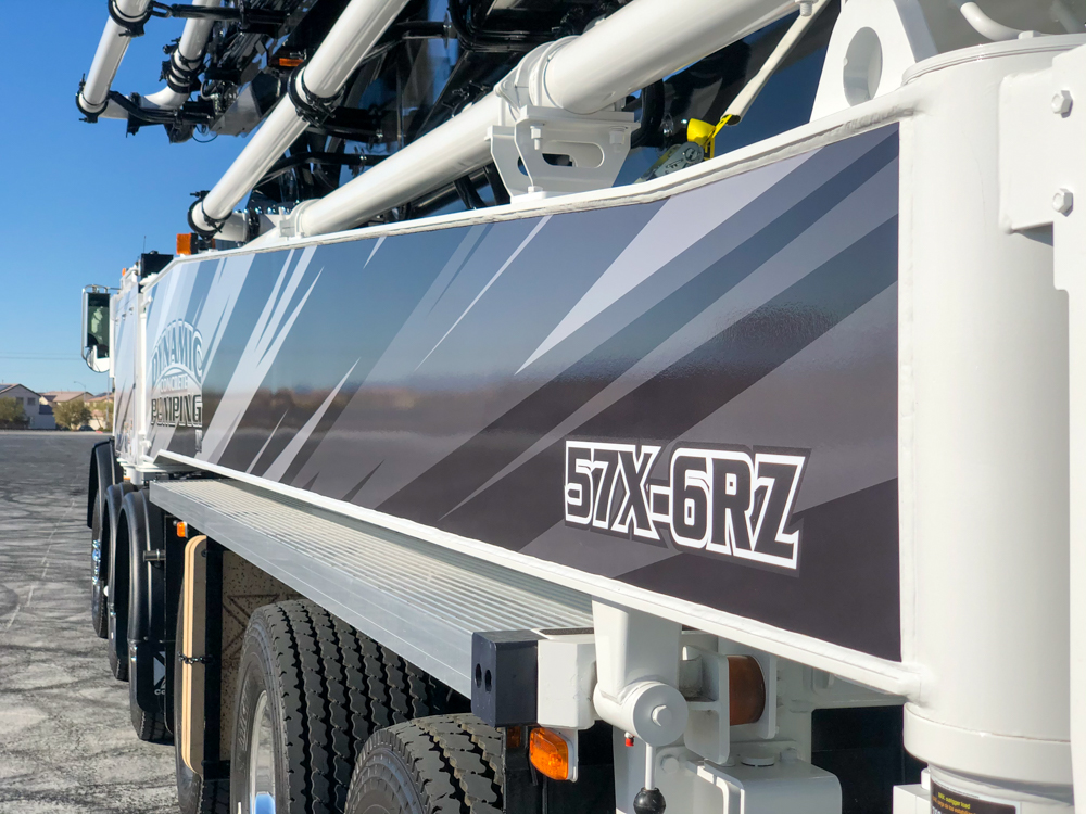 57X-6RZ printed on the side of the concrete pump manufactured for Dynamic Concrete Pumping